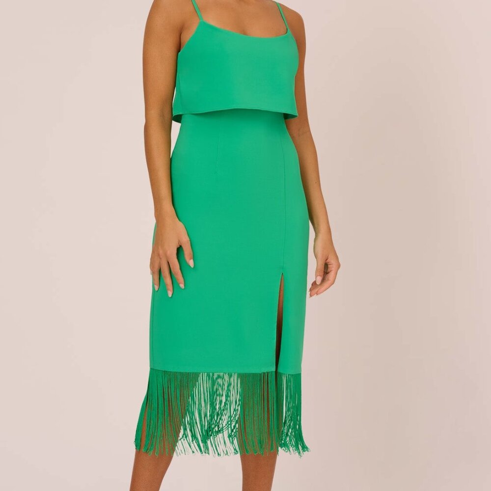 Adrianna Papell Stretch Crepe Popover Midi Dress With Fringe Hem In Summer Green